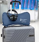 The Original McKenzie Self-Inflating AirBack Lumbar Support resting on a carry-on suitcase