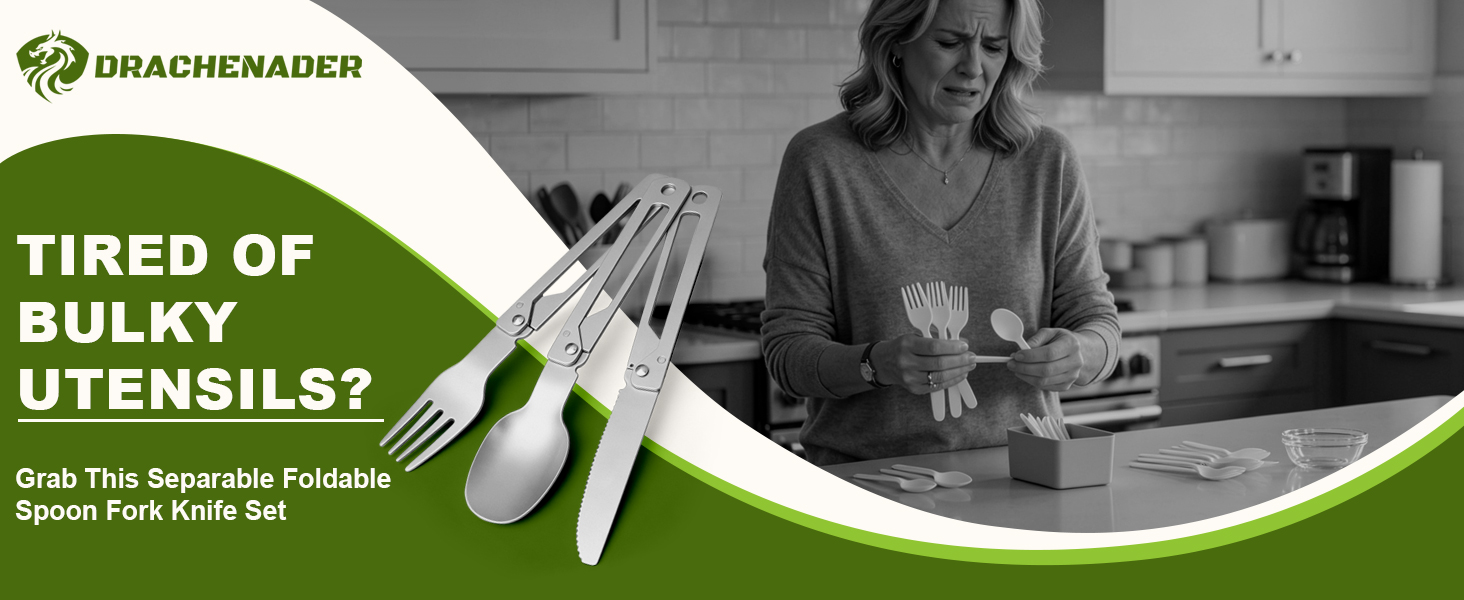 DRACHENADER 3-piece foldable cutlery set with full-sized spoon, fork, and serrated knife.