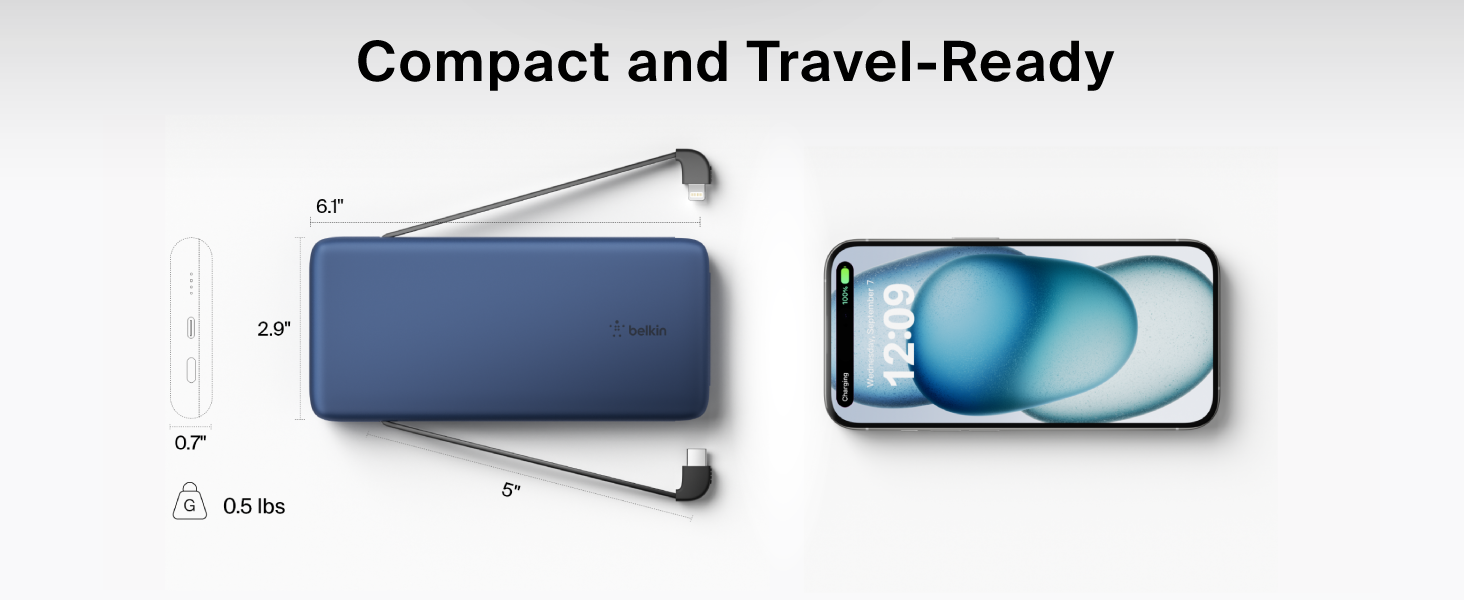 Image of power bank charger measurements with text reading compact and travel ready.