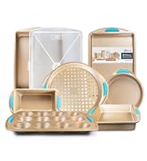 Baking Pan 8 Piece Set Nonstick Gold Carbon Steel Oven Bakeware Kitchen Set with Silicone Handles