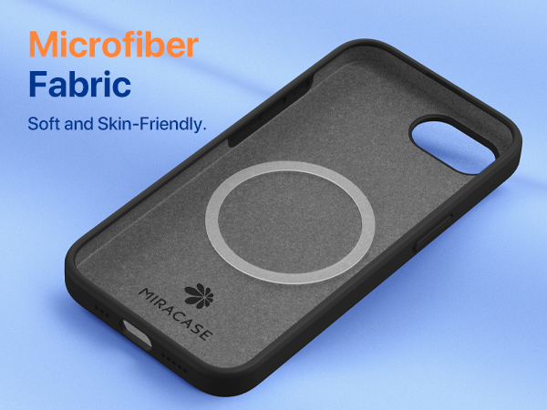 Text reads 'Microfiber Fabric' and 'Soft and Skin-Friendly'. Product appears to be a dark phone case or holder with circular pattern shown from multiple angles on blue background.
