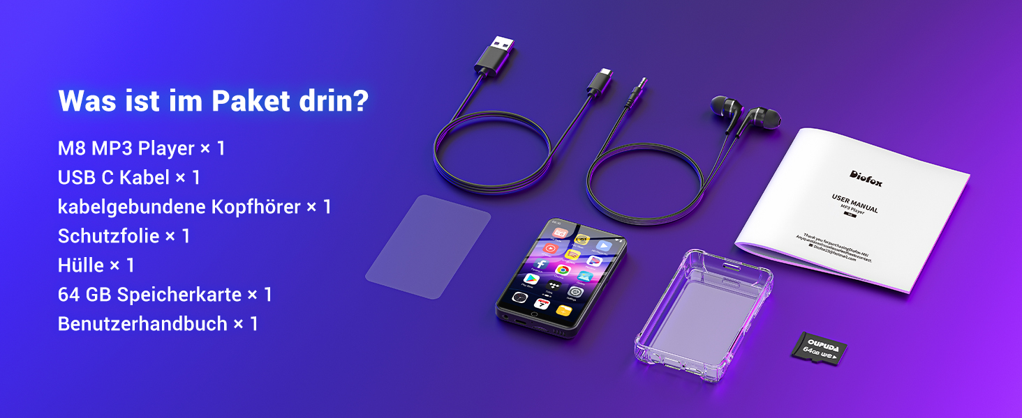 Text reads: 'Was ist im Paket drin?'. Purple-tinted product layout showing various electronic accessories and components against dark background.