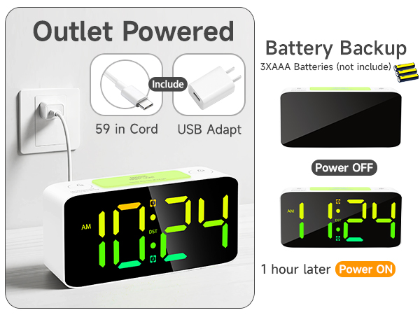 USB power adapter included outlet powered clock battery backup time memory reliable charger