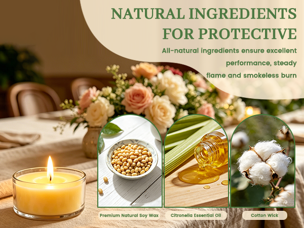 citronella soy wax tealight candles with cotton wicks, smokeless, steady flame for clean burn.