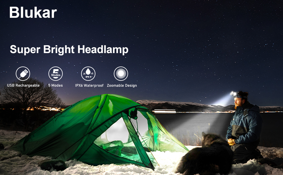 Blukar headlamp being used at night near a green tent, featuring USB rechargeable capability, 3 modes, and waterproof design as shown by icons.