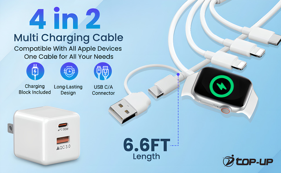 4 in 2 Multi Charging Cable 6.6 feet long. 30W Charging block included.