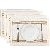 Niviy Boho Placemats Set of 4, 12x18 Inch Natural Cotton Burlap and Kitchen Woven Thanksgiving Pl...