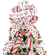 Christmas Tree Topper Wreath Bow Large Green Christmas Bow Tree Topper with Red Green Red Stripes...