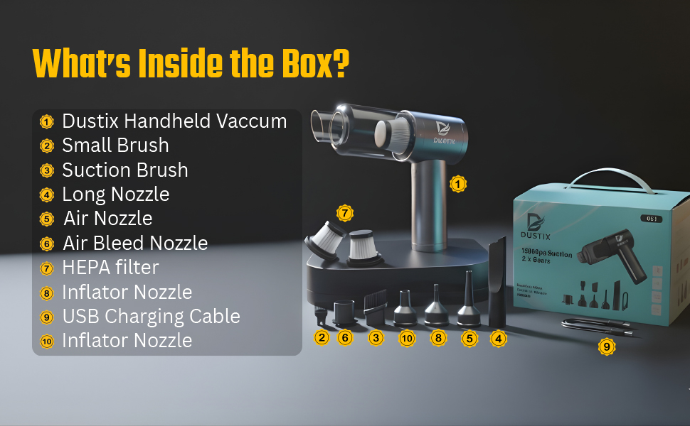 Text reads 'What's inside the box?' followed by bullet points listing product features. Infographic showing vacuum components on teal background.