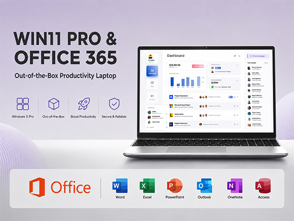 Slim business laptop preinstalled with windows 11 pro and office 365 for work study