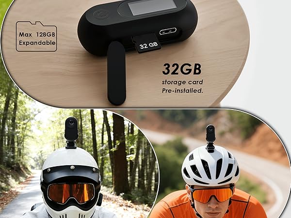 Cycling-related images showing bike helmets and sports sunglasses worn during outdoor activities, with text indicating '32GB' visible on one panel.