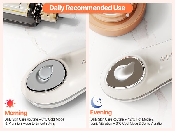 Skincare device with two modes: Morning (cold mode and vibration) and Evening (hot mode, sonic vibration). Device shown in white with teardrop-shaped metallic head.