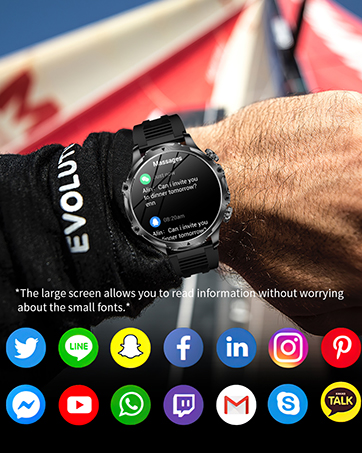 Smartwatch on wrist displaying text message. Large, clear screen for easy reading. Black band and silver case. Social media app icons shown below the watch image.