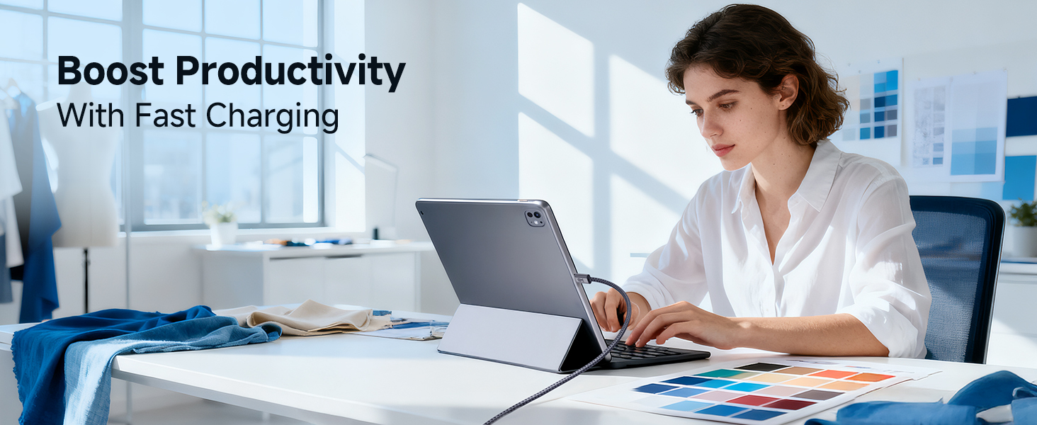 USB C fast charging cable compatible with MacBook Pro, Dell XPS, Surface, and Chromebook