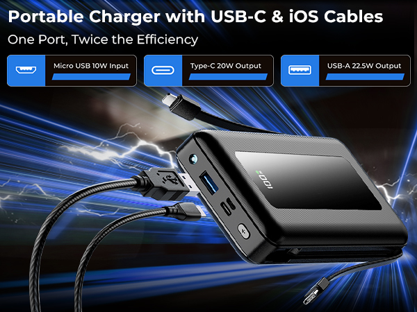 Portable Charger with USB-C &amp; iOS Cables
