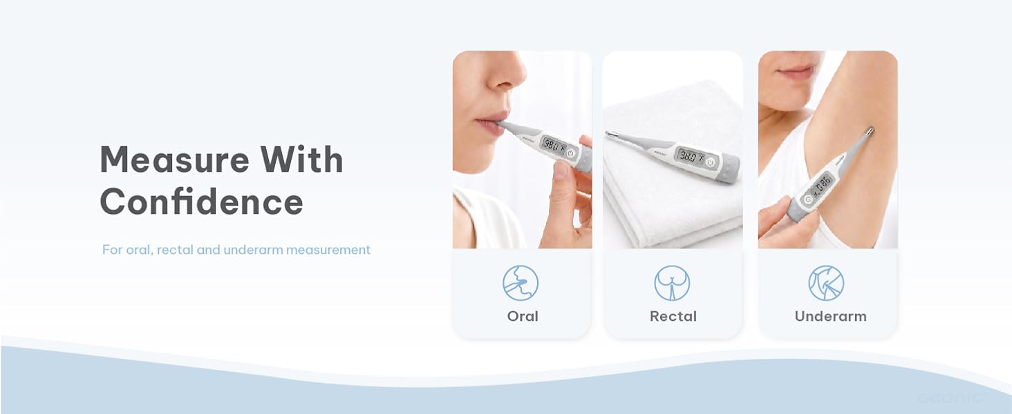 GEONIC B127 digital thermometer featuring a flexible tip, fever alert, and easy-to-read display.