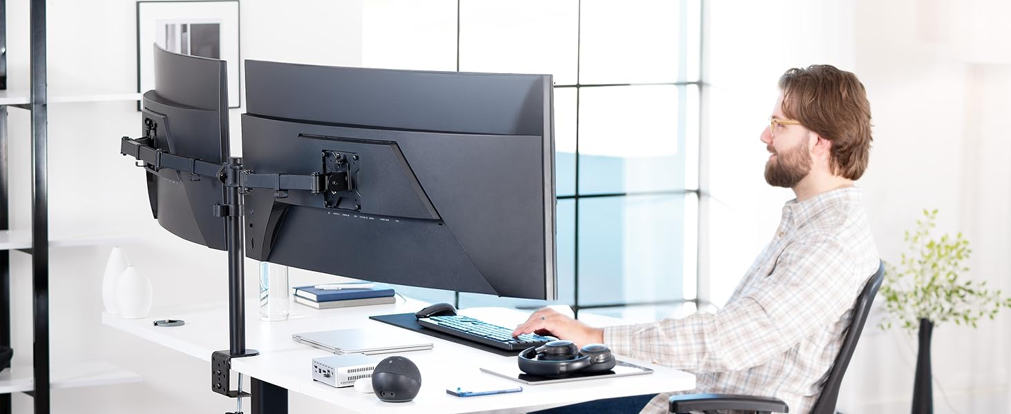 dual monitor mount adjustable desk stand clamp grommet tilt swivel rotate ergonomic setup