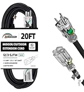HONDERSON 20FT 12/3 Lighted Outdoor Extension Cord - 12 Gauge 3 Prong SJTW Heavy Duty Black Exten...