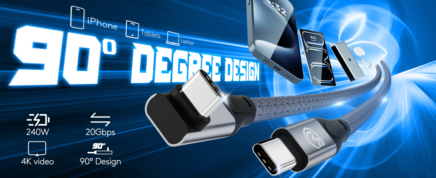 usb c 90 degree cable 20gbps 4k 5k@hz video monitor cable 240w fast charging 1 ft