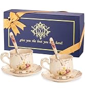 YOLIFE Tea Cups and Saucers Set of 2, Vintage Ceramic Tea Cups Set Floral with Gold Leaves Trim -...