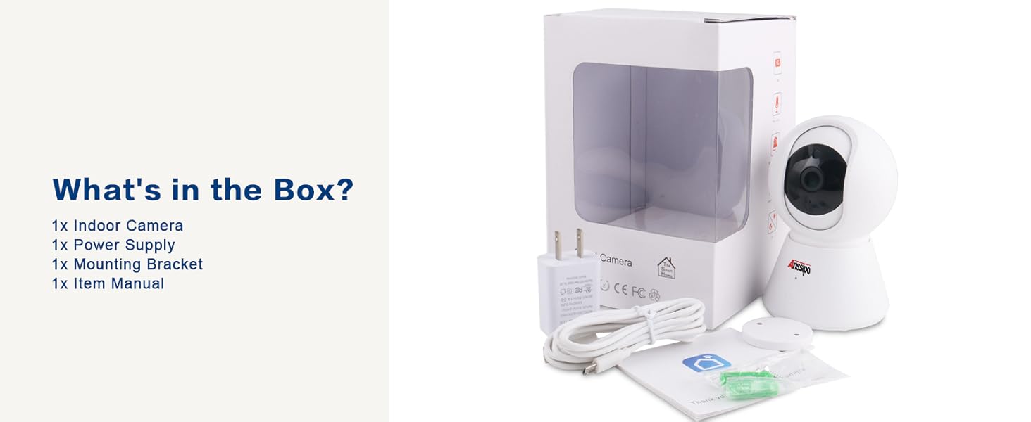 what is in the package, indoor camera, power supply, mouting, manual