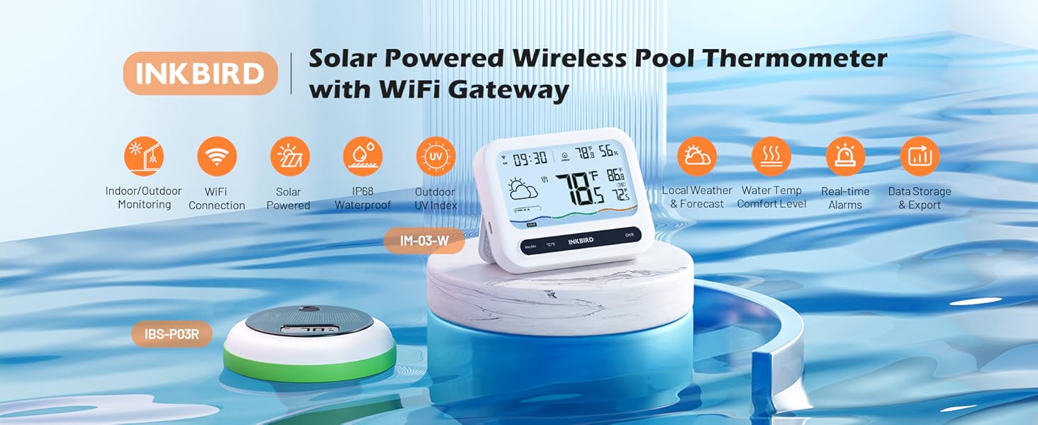 INKBIRD Solar Wireless Pool Thermometer with 7-in-1 WiFi Gateway Swimming Pool Thermometer