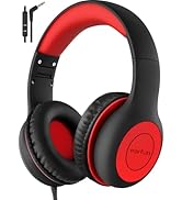 Over-ear headphones featuring black and red color scheme with padded headband and ear cushions. Includes detachable audio cable visible in corner.