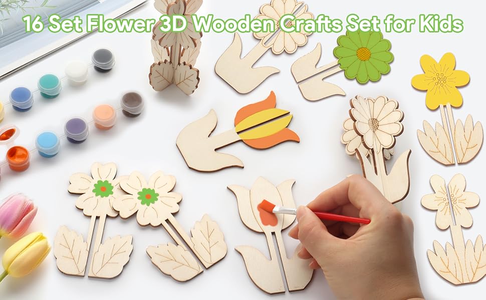 Educational wooden puzzles and toys laid out on white surface with colorful paint dots. Various wooden shapes include animals, plants, and geometric forms for children's learning.