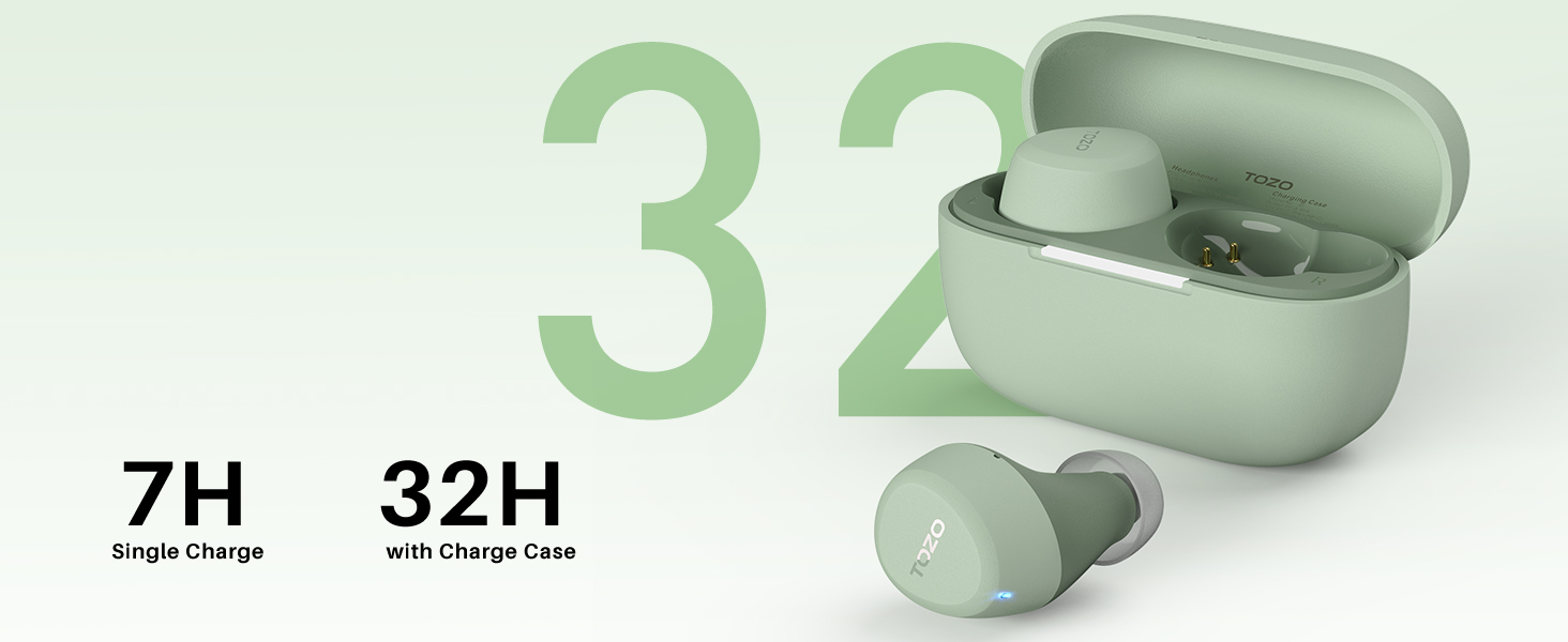 TOZO A1 earbuds with charging case showing 7 hours single charge and 32 hours total battery life