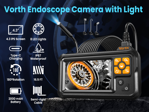 Vorth Endoscope Camera with Light, 4.3&amp;#34; IPS Screen 1080P Borescope Tools with 8 LED Lights