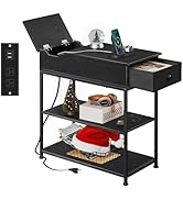 WLIVE Narrow Side Table with 2 USB Ports and 2 Outlets, Flip Top Black End Table with Drawer and ...