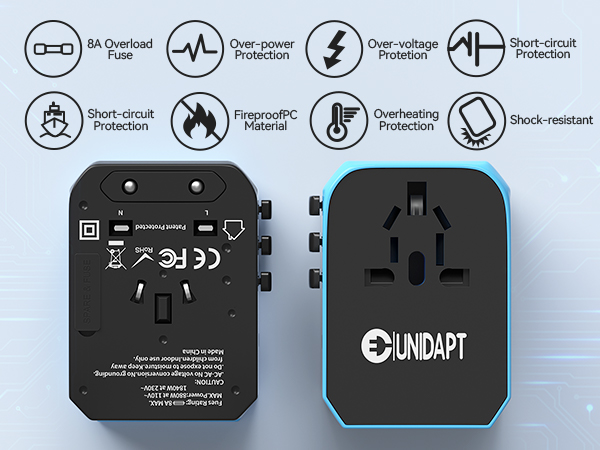 Very safe travel adapter that is fireproof with safety shutters and 8A fuse