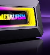 Text reads 'METALFISH' displayed in bright lettering on what appears to be a technological device or display with purple and yellow lighting effects.