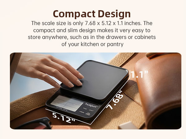 Text reads "Compact Design" and dimensions "5.12"x 3.12". Black portable device or storage unit being held in hand, emphasizing its small compact size.
