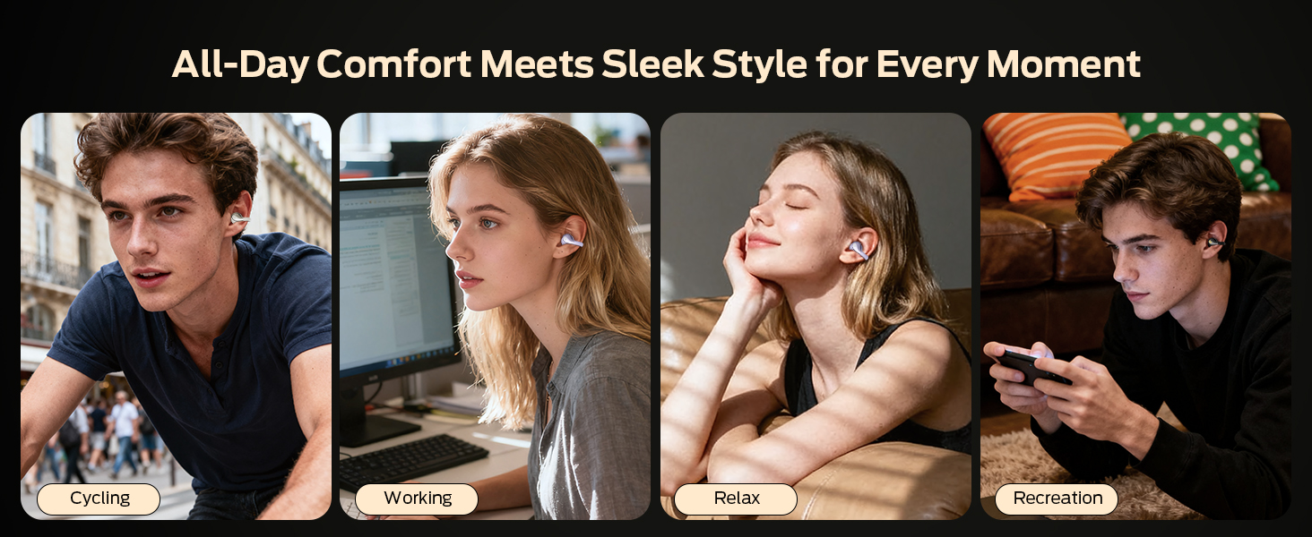 All-day comfort and style clip on earbuds—perfect for running, cycling, working, or commuting.