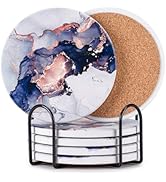 Hoewina 6Pcs Drink Coasters with Holder, Marble Style Ceramic Drink Coaster, Absorbent Coasters S...