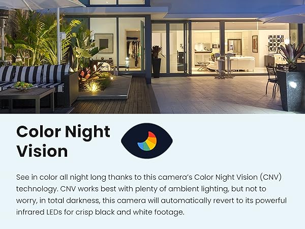 See in color all night long thanks to this camera’s Color Night Vision (CNV) technology