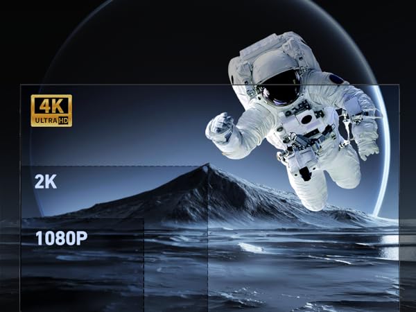 Display showing resolution comparison between 4K, 2K, and 1080p using space imagery of an astronaut and mountain landscape.