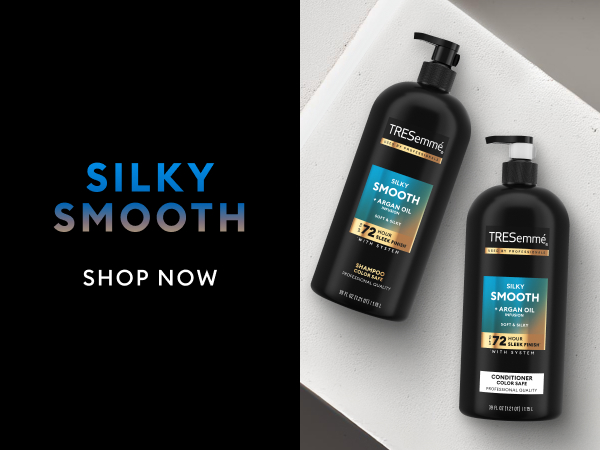 Full TRESemmé Silky Smooth collection displayed with shampoo and conditioner bottles.