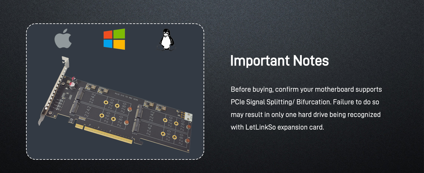 LetLinkSo Gen5 PCIe 5.0 x16 M.2 Expansion Adapter Card 4 Ports NVMe SSDs M Key
