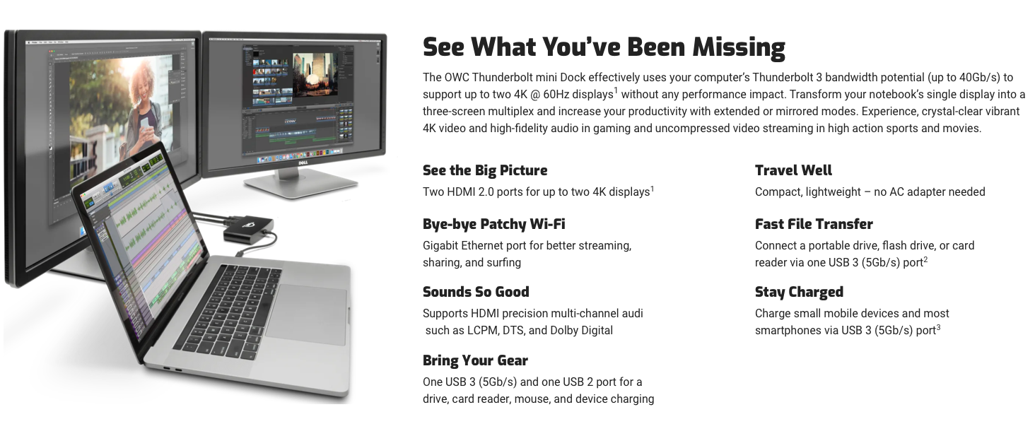 The OWC Thunderbolt mini Dock take Thunderbolt 3 40Gb/s up to two 4K @ 60Hz displays