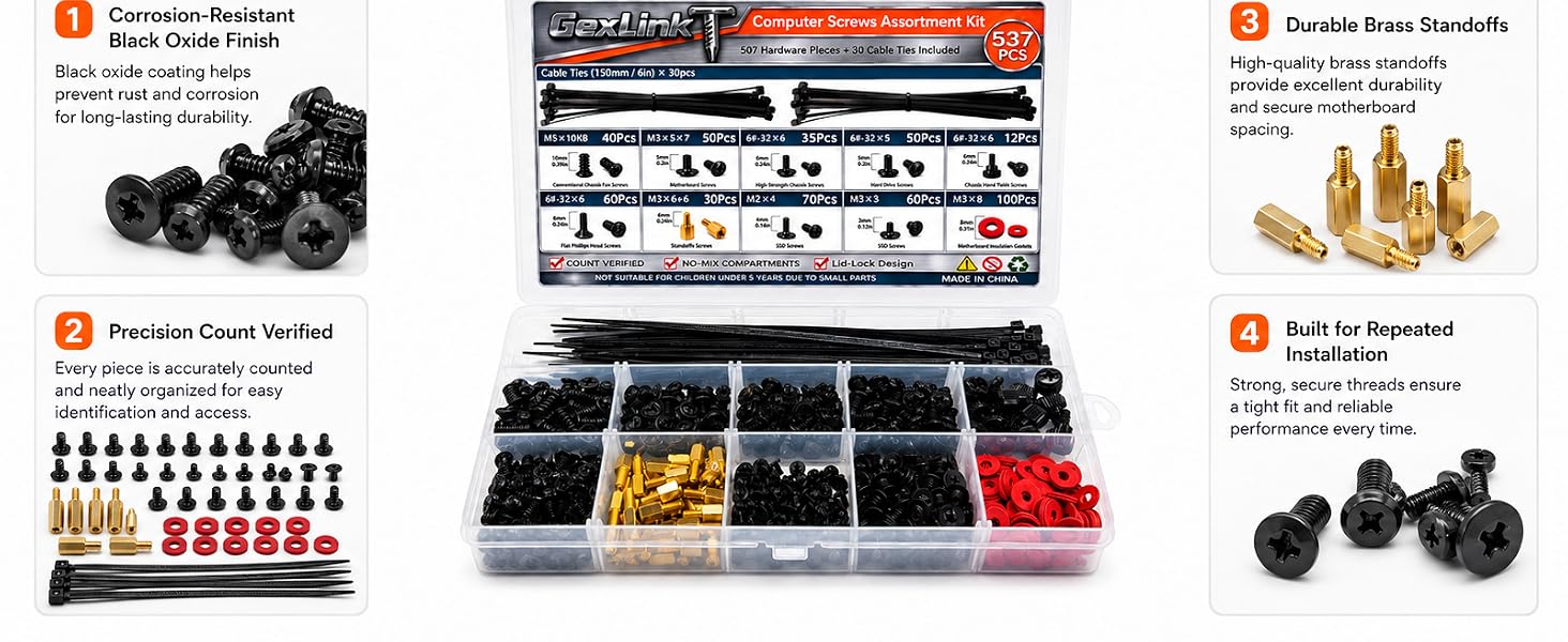 GexLinkT precision counted screws with corrosion resistant finish and brass standoffs