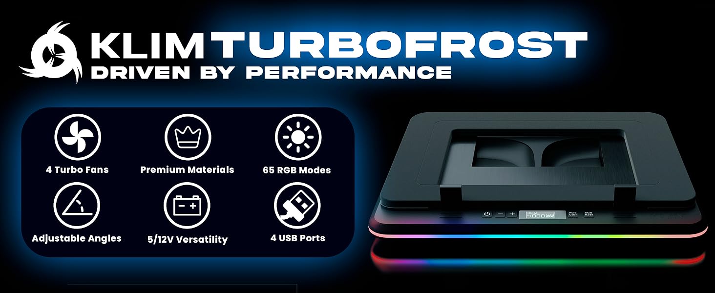KLIM Turbofrost Gaming Laptop Cooling Pad - 4 Powerful Turbo Fans - 4 x 4000 RPM Dynamic RGB 4-Ports