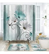 Onalasyc 4PCS Teal Daisy Country Farmhouse Shower Curtain Set with Shower Curtain and Carpet and ...