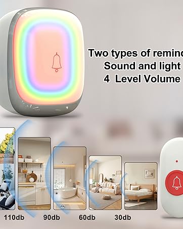 Smart doorbell system with rainbow LED ring display, featuring sound and light notifications with 4 volume levels ranging from 30db to 110db.