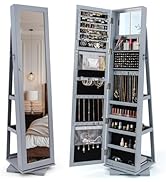 CHARMAID 360° Swivel Jewelry Armoire with Full Length Mirror, Standing Lockable Jewelry Cabinet O...