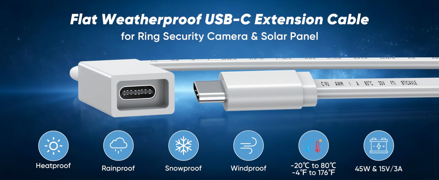 Flat weatherproof usb c extension cable