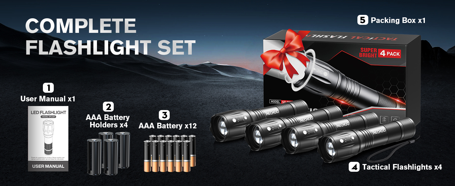 4* LED Tactical Flashlight / 4* AAA Battery Holder/ 12*AAA Batteries / 1*User Manual