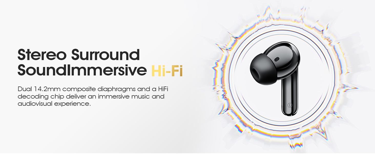 Hi-Fi stereo sound with deep bass and clear treble for an immersive music experience.