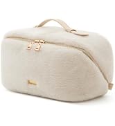 EACHY Travel Makeup Bag,Cute Faux Fur Cosmetic Bag for Women,Portable 180°Wide-Open Flat Toiletry...